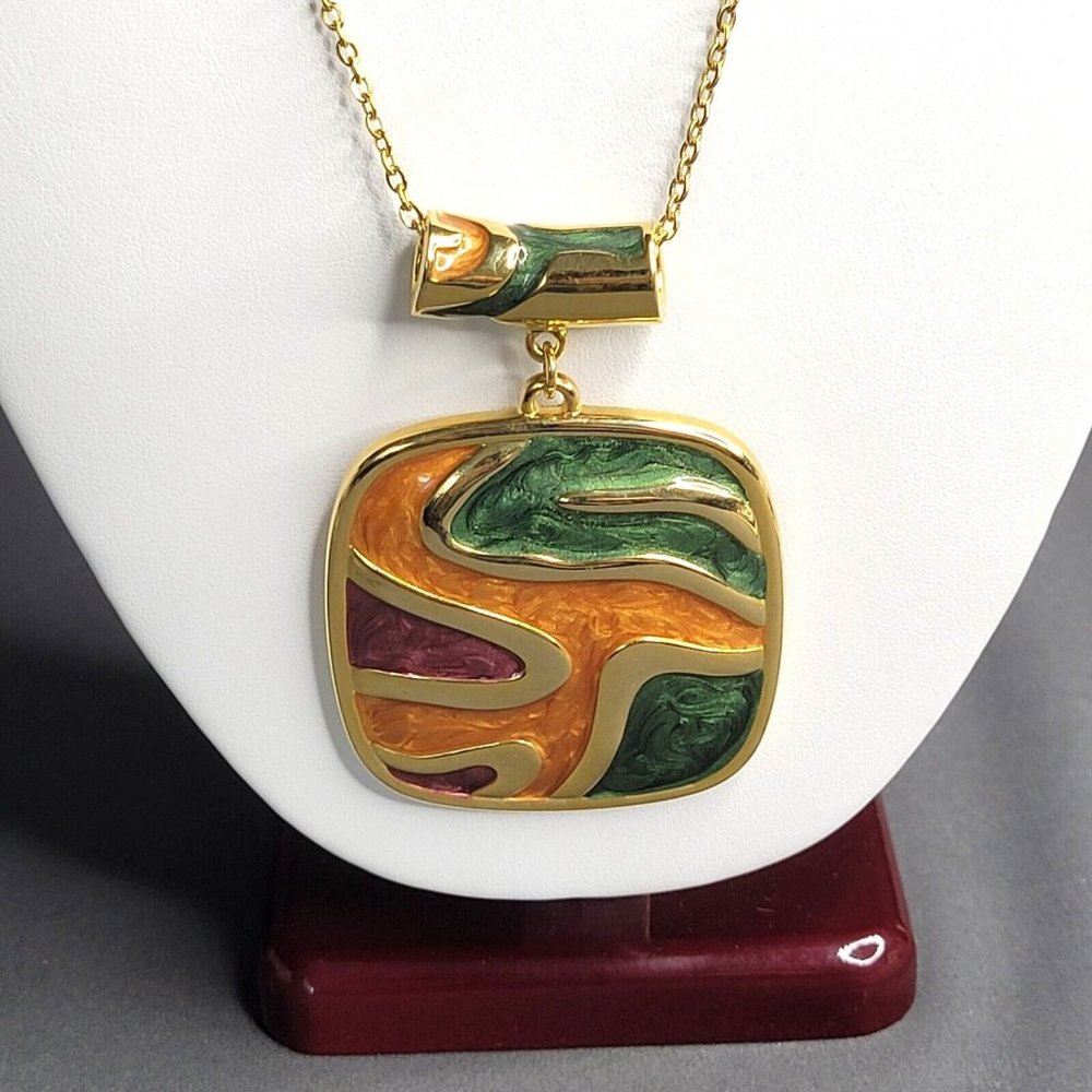 Gold Tone Cable Chain Orange Green Enameled Square Pendant Necklace 17 in